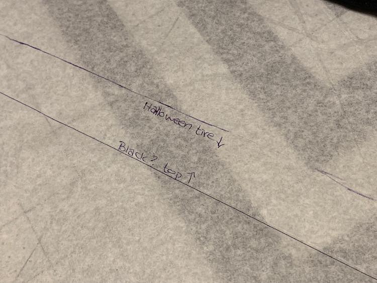 I took the Ariel legging pattern, lined up the wheel fabric we had, and decided where to draw colorblocking line. Remember to include your seam allowance. In this case I added a second line one inch over since the seam allowance for the Ariel pattern is a half inch.