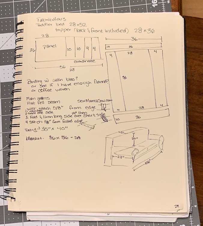 When I decided to start on the blanket I started by re-sketching the diagram Fabriculous had and then going over it, my couch dimensions (to make sure it would be wide enough), and seam types in my sketchbook as I was worried it wouldn't turn out.