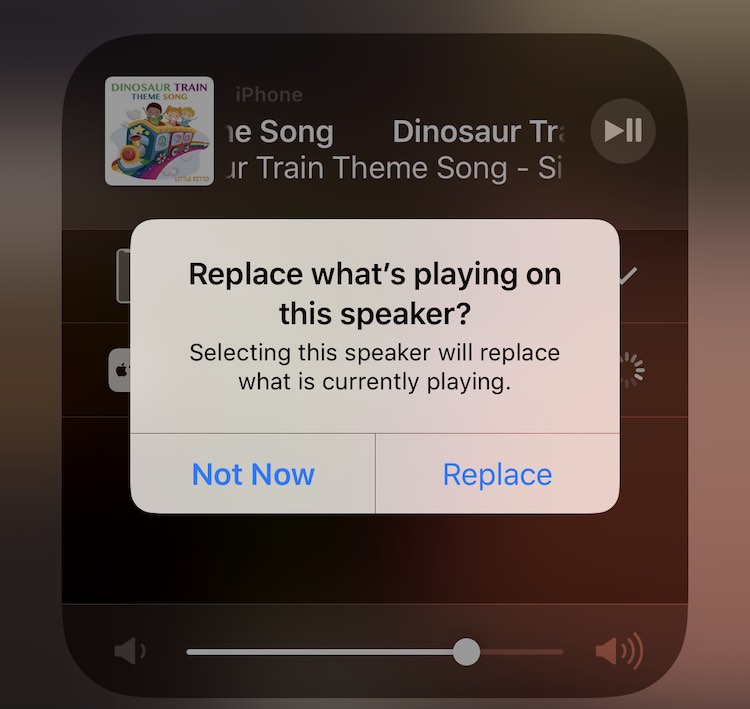 When reconnecting my music to the Apple TV speaker after starting a YouTube video this is the confirmation popup I got.
