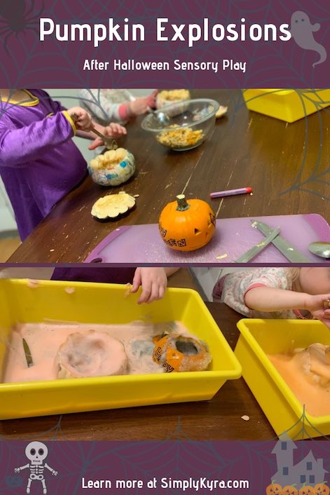 Are you looking for a fun way to say goodbye to your Halloween pumpkins? Why not use sensory play to get one more activity out of them. I was going to use baking soda and vinegar volcanos but ended up going with elephant paste instead. Read and watch a timelapse of it at SimplyKyra.com.