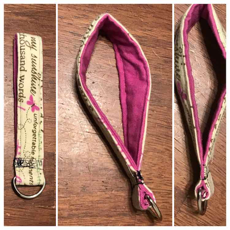 Three views of a simple wristlet lanyard.