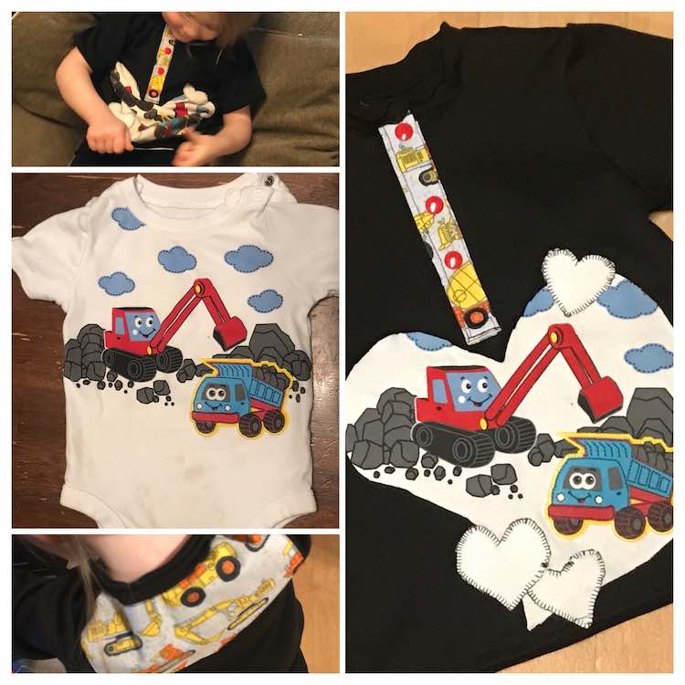 View of the original onesie and the finished polo shirt using the onesie piece.