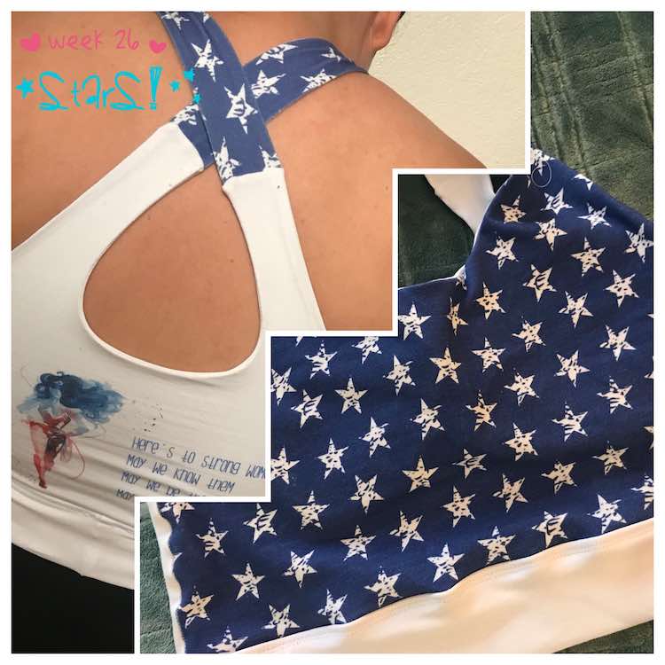 Wonder woman workout bra with quote on the back and stars on the front.