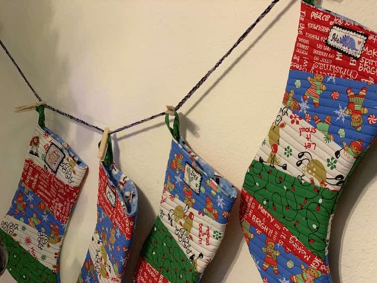 Closer look at the finished Christmas stockings.