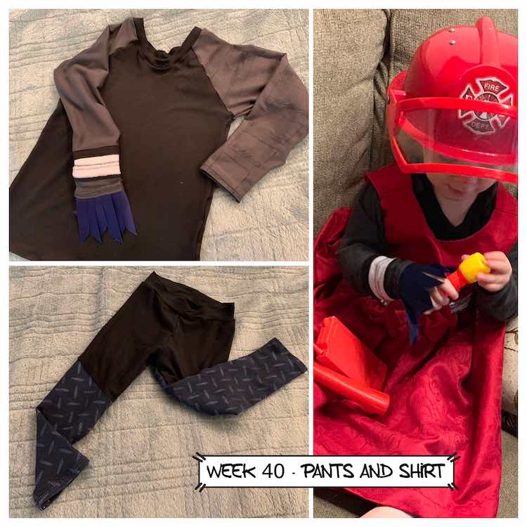 Photo of the shirt, pants, and the finished firetruck outfit.