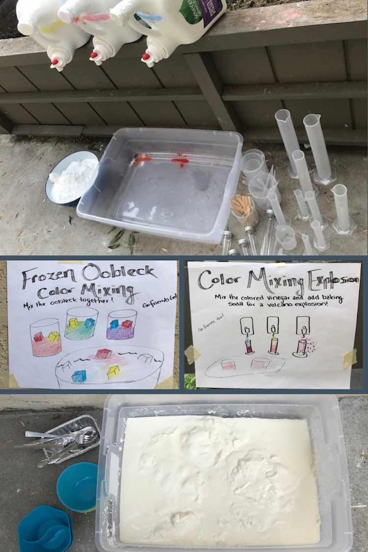 Images of the baking soda and vinegar station and the oobleck station.