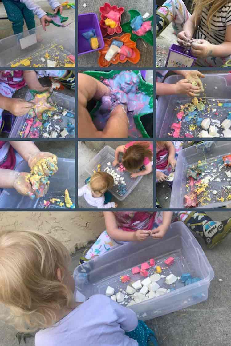 Collage image showing frozen oobleck cubes in white, pink, yellow, and blue. Some show the cubes by themselves while other show them being mixed together to make secondary colors. So bright and beautiful!