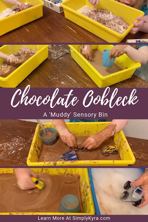 Change up your oobleck with cocoa powder to make ooey gooey mud. After exploring change it up by running your monster trucks through it or add some animals. So much fun!
