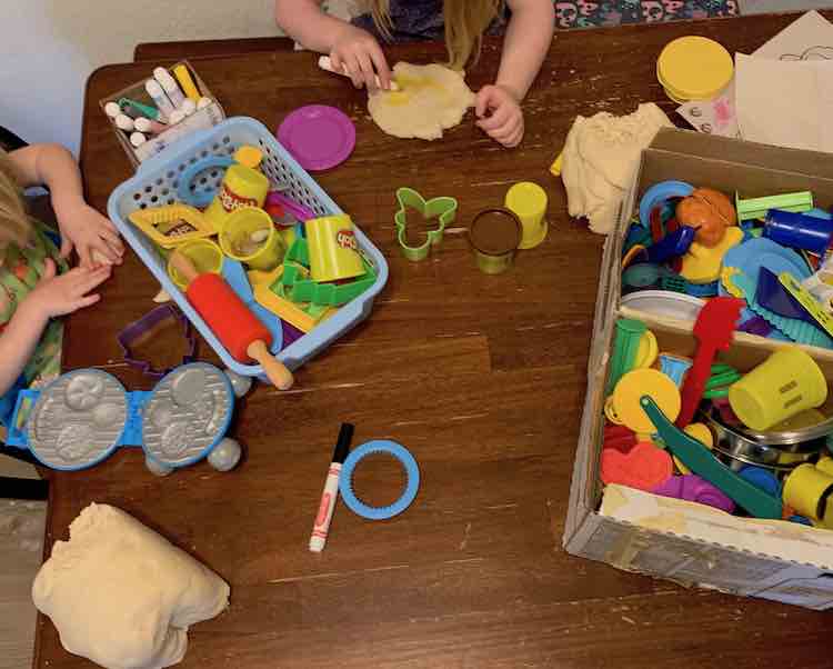 Overhead view of the table while the kids started to create using the playdough.