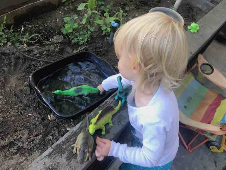 Image of the back-side of Zoey playing with the brontosaurus in the dinosaur swimming pool or dish pan.