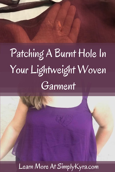 Pinterest image showing the hole in the camisole (top) and the fixed garment (below) along with the blog post title. Both images are also available below. 