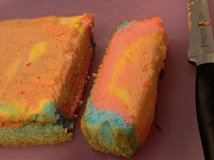 Multi-colored cake. The pink, yellow, and blue remained distinct unless mixed together.