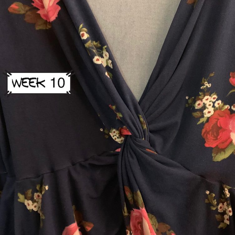 Closeup of another Mariella top this time with a week 10 label on it. This one is made of a thicker blue fabric with roses.