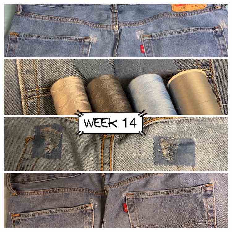 Four images showing jean mending. The top image shows the back of the jeans with holes forming in the upper corners of the back pockets. Second image shows the four thread I held up to the jeans while debating what to use along with the jean patches I used. The third image shows the inside of the mended pants with the jean patch and the thread showing. The fourth and final image shows the back of the fixed jeans.