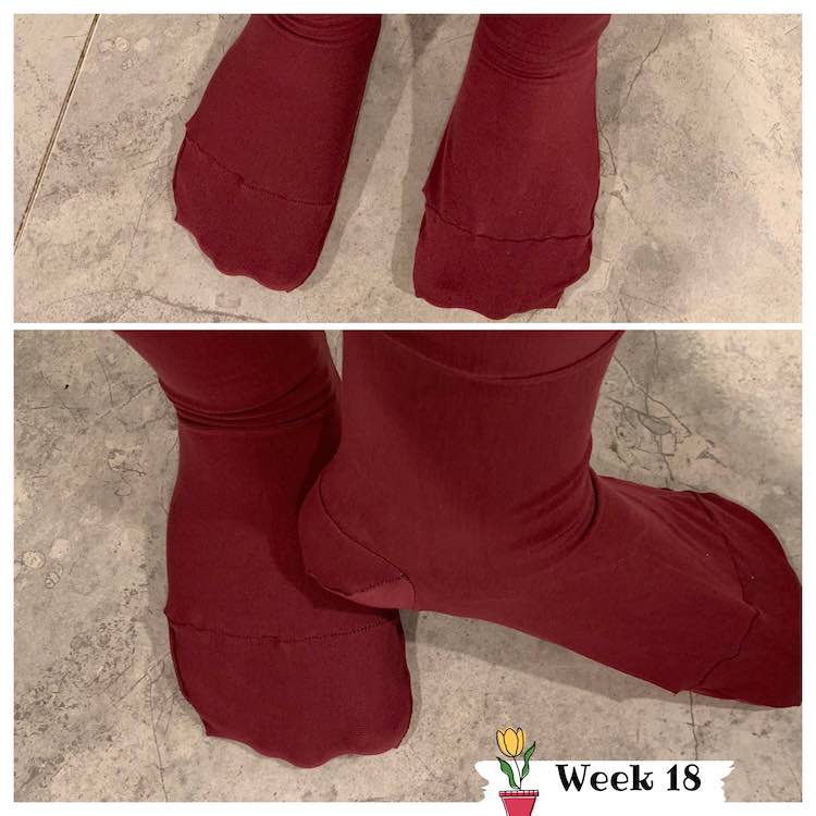 Two different images showing my new socks. The top image shows the top of my foot including the toes and toe seam. The second image shows the side of the one foot and the top of the other. 