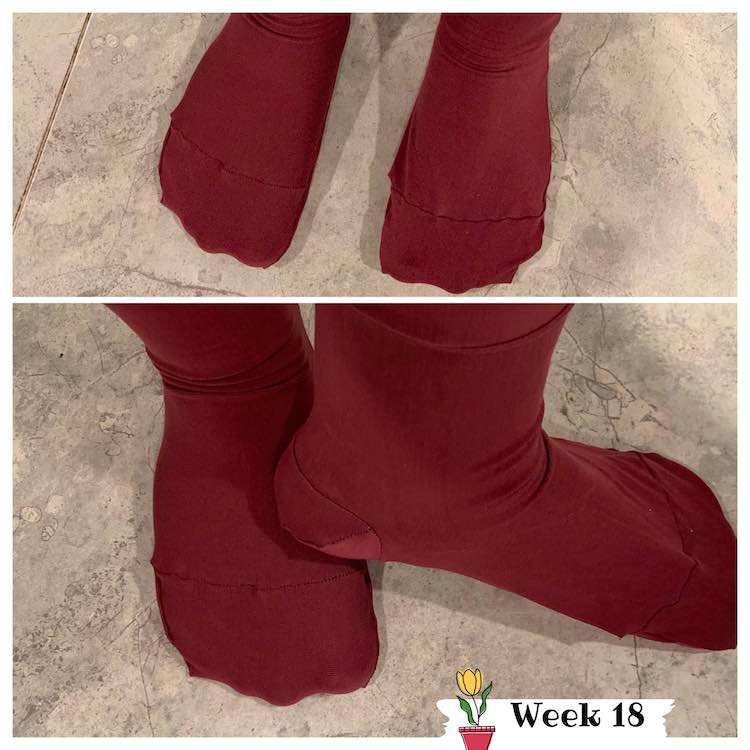 Two different images showing my new socks. The top image shows the top of my foot including the toes and toe seam. The second image shows the side of the one foot and the top of the other.