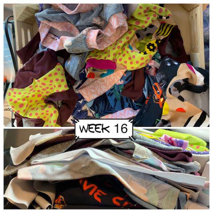 Upper and larger image is a set of nine finished underwear of a variety of knit remnants. The bottom image is a closeup of the pile of cut underwear waiting to be sewn. 