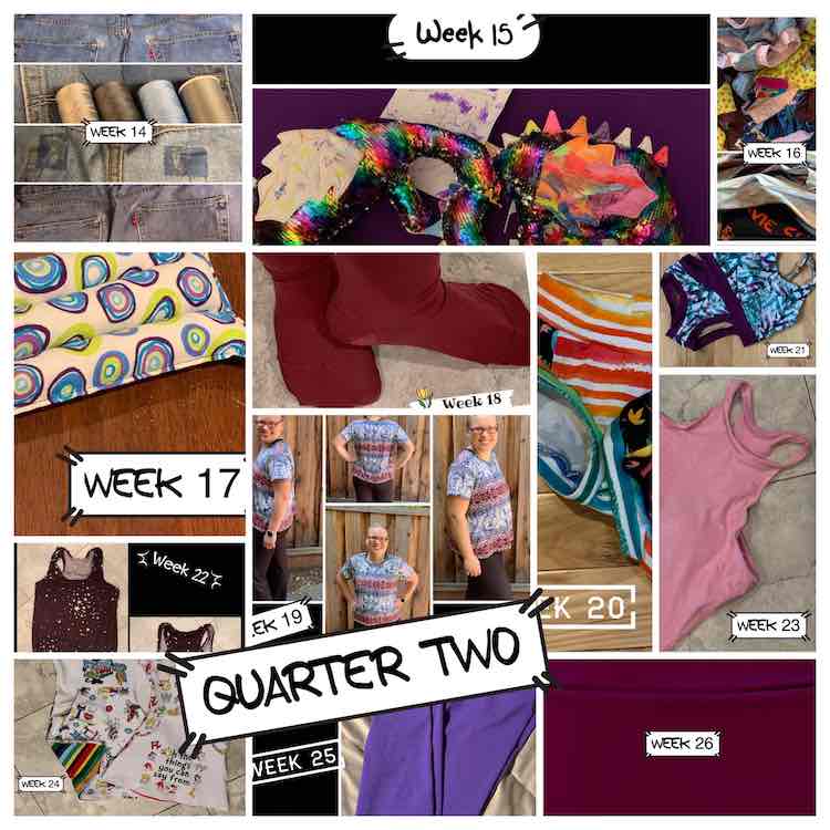 A collage of the previous 13 weeks showing the second quarter of sewing. All images are above this one. 