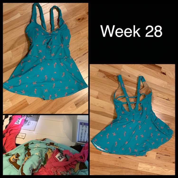 Front and back photos of the swimming suit on the ground. Also an image of some of the pajamas I fixed. 