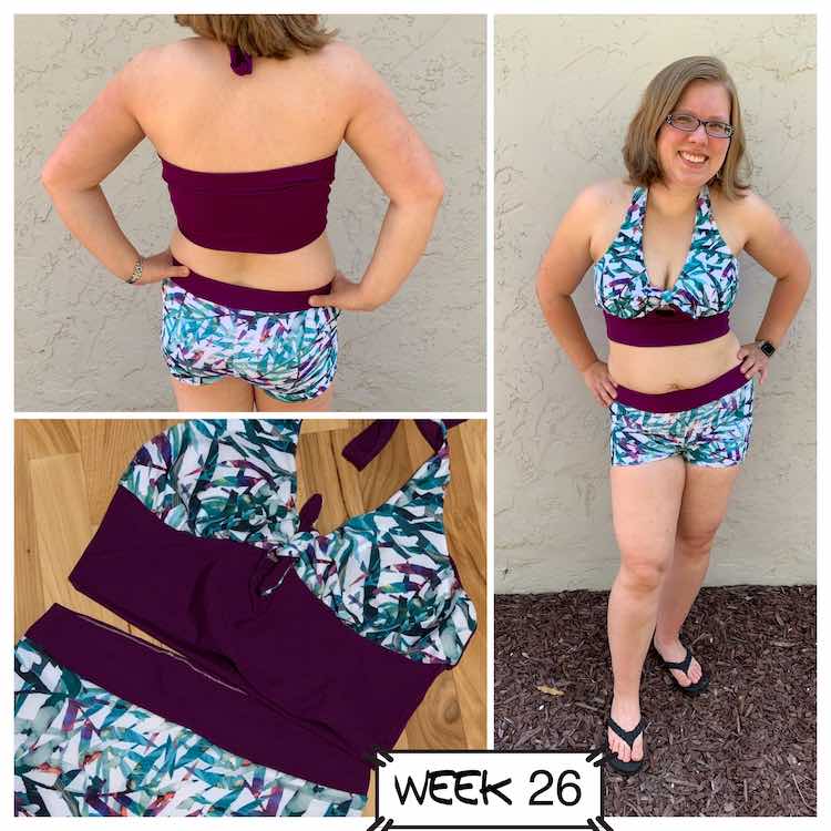 Three images of the Bondi bikini. Top left shows the back of the suit, right shows the front, and bottom left is a flat lay showing the front closer up.