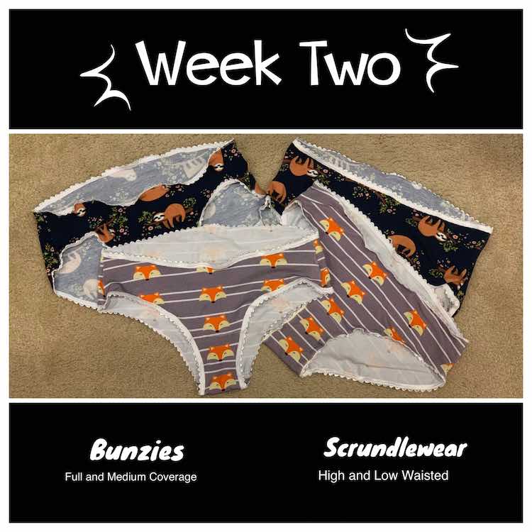 Image of four pairs of underwear. There are two overlapping piles of two. The bottom two pairs have sloths and the top two have foxes. All four have white picot elastic. The labels on the bottom show the left two are Bunzies and the right two are Scrundlewear.