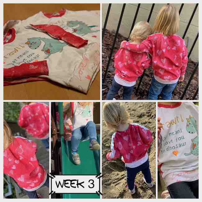 Collage of six images. Top left is a side portrait view of the two shirts on the ground, top right is a back view of the girls with one arm over the other. The bottom four images left to right are the back of the girls walking, front of the shirt on a slide, back of a shirt on sand, and closeup of the front of a shirt.