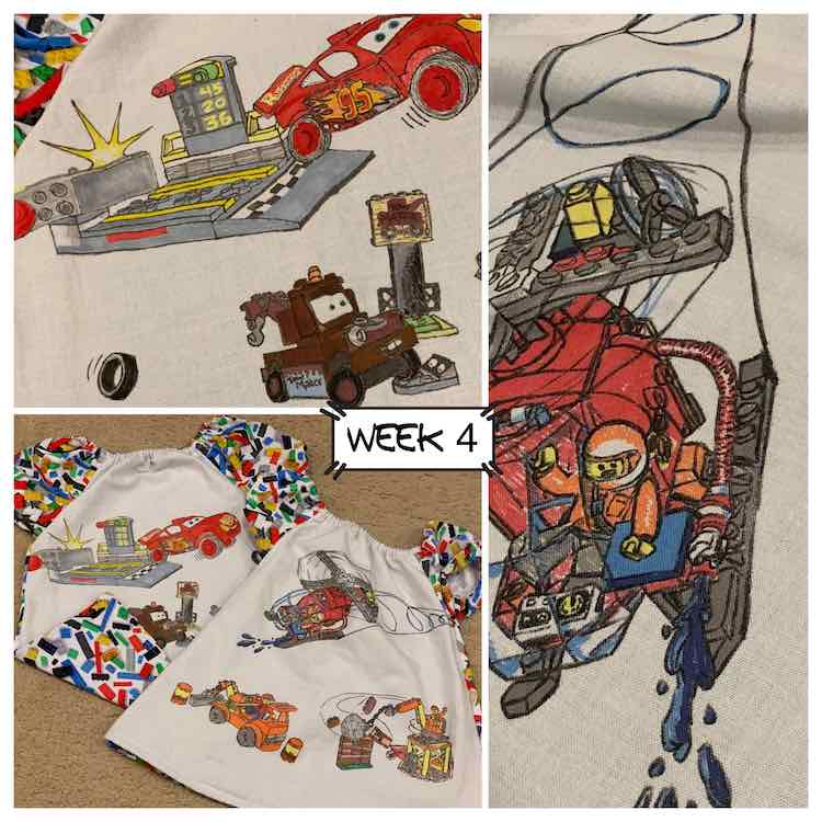 Week four's image showing the two shirts (bottom left, closeup of the Lightening and Mater (top left), and closeup of a helicopter (right side). 