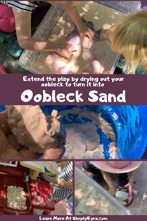 Pinterest image showing dried out oobleck, oobleck sand, and rehydrated oobleck.