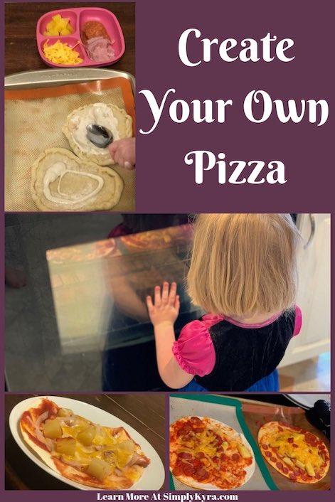 Pinterest image showing several simple photos of pizza. Specifically spreading ranch on personal pizza crust, watching the oven, and some finished baked pizzas. The image also shows the post title and my main blog url.