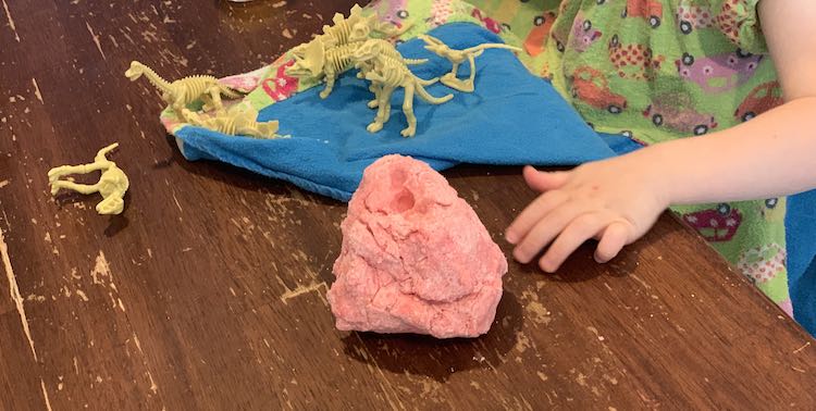 Zoey laid her nightgown's skirt on the table and placed the dinosaurs along it.