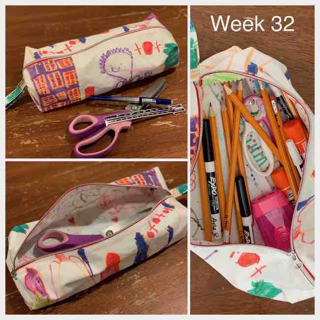 Three views of the finished pencil box. The left images show a closed pencil box with my pinking shears in front of it for sizing. The bottom image shows it opened with the pinking shears inside. The right image is a closeup of the opened pouch with scissors and pencils inside. 