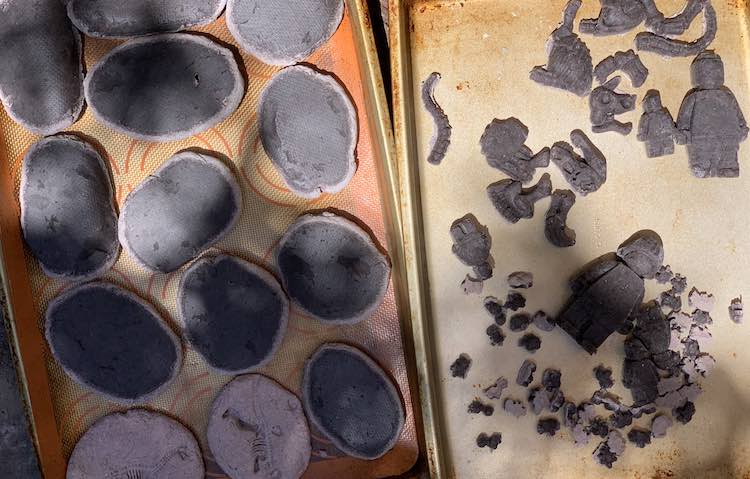 View of the fossils and imprinted rocks we made as they dry, slowly, outside.