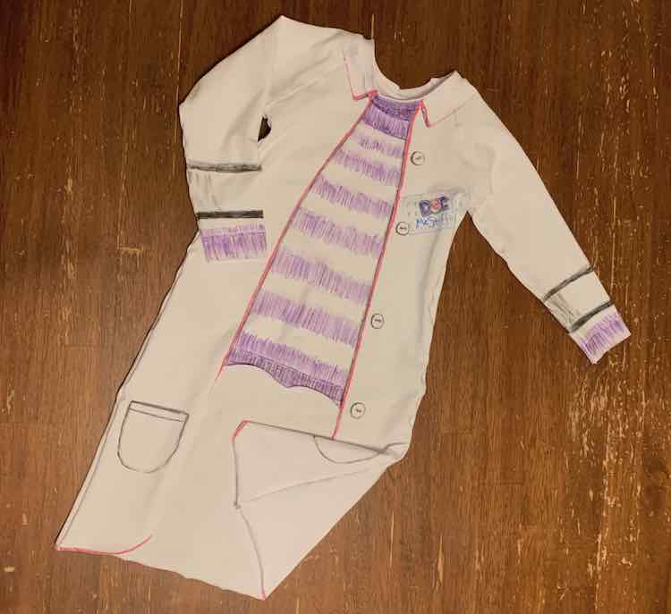 The front of the Doc McStuffins costume. The bottom right of the coat was bent forward to better see the seam.