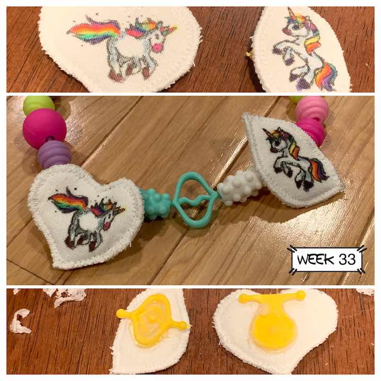 Middle image shows the two finished unicorn pendants on a snap bead necklace. The image above it shows the colored and sewn pendants before it was added to the necklace while the bottom image shows the back side of the pendants with the bead glued to them.