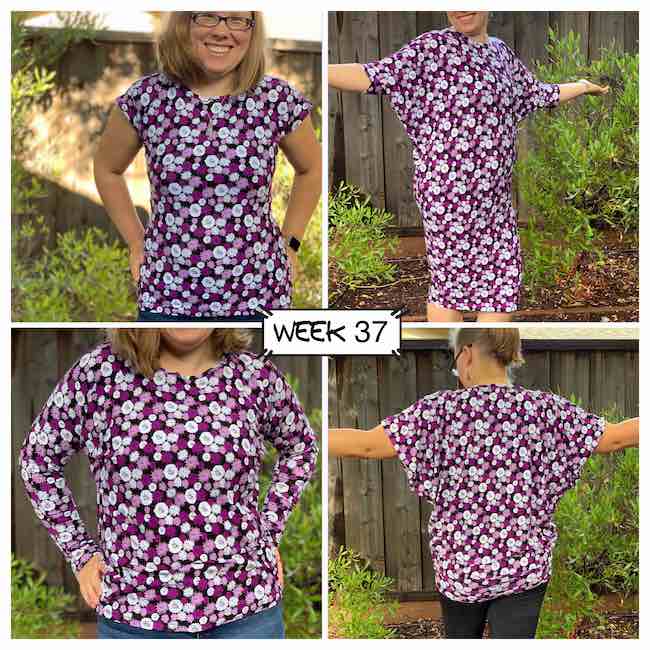 Four images showing three different tops all made with the same fabric sporting flowers in purples and white. Top left is a fitted cap sleeve top and the bottom left is a long sleeved top with minimal batwing. Both right images are a two third length sleeve on the largest batwing dress. The top image has it as a dress while the bottom image looks like a top as the bottom of the dress is pulled up and the fabric drapes over it. 