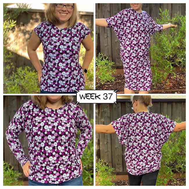 Four images showing three different tops all made with the same fabric sporting flowers in purples and white. Top left is a fitted cap sleeve top and the bottom left is a long sleeved top with minimal batwing. Both right images are a two third length sleeve on the largest batwing dress. The top image has it as a dress while the bottom image looks like a top as the bottom of the dress is pulled up and the fabric drapes over it.
