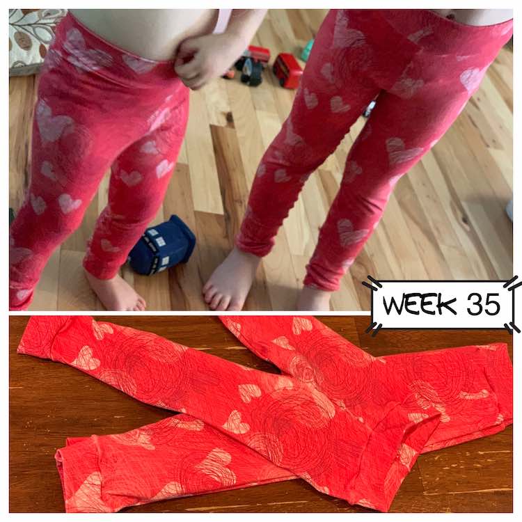 Two images in one collage. The top image shows the kids new leggings on them while the bottom image shows them laid out on the table.