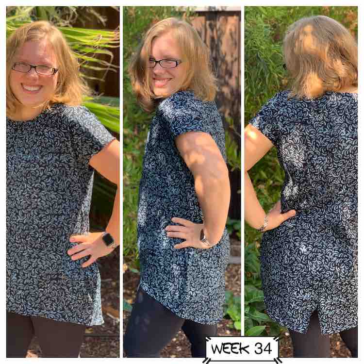 Three views of me wearing the woven Laura top. 