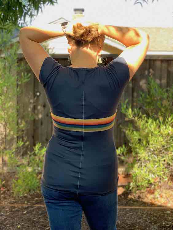 Back view showing that pattern matching on the stripe along with the vertical back seam.