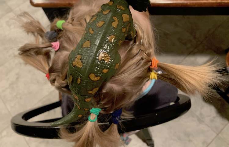 Top view of the dinosaur (head missing from top of the photo). All four braids are partially visible coming from the dinosaur. Several of the ponytail are also visible sticking out from Ada's head.