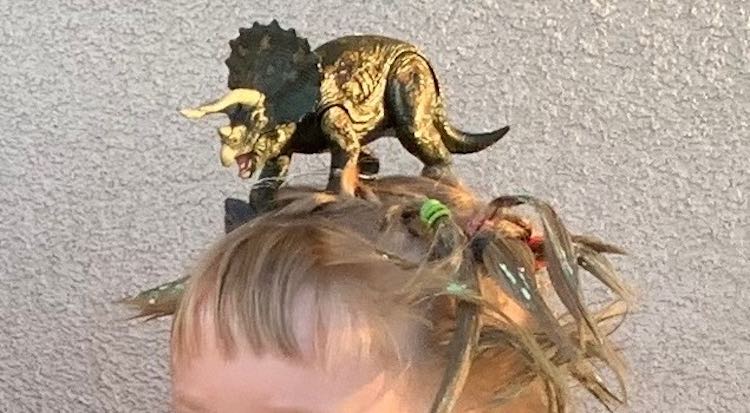 Closeup front view of the ferocious looking dinosaur on top of Ada's head.