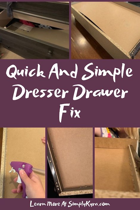 Pinterest image to pin. Top of the image shows two pictures of the broken drawers. Middle shows the title of the blog post. Bottom shows three images of the fixed drawers and a reference to this website to learn more.