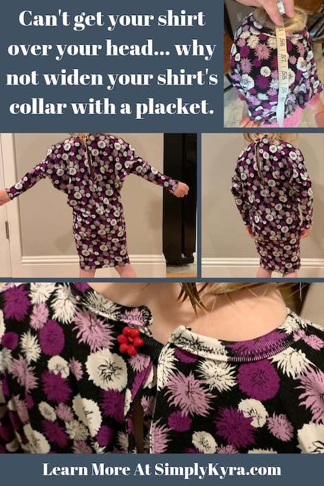 Pinterest image showing four images. Images include the dress not going over their head, two shots of the dress itself on, and a closeup of the placket and button.