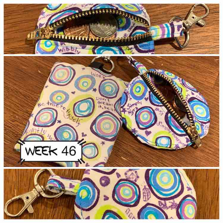 Three images of the zip ornament. Top one shows a closeup of the opened zipper showing change inside. Middle shows the change purse with the (older) wallet. The bottom image shows a cross-section of the back.