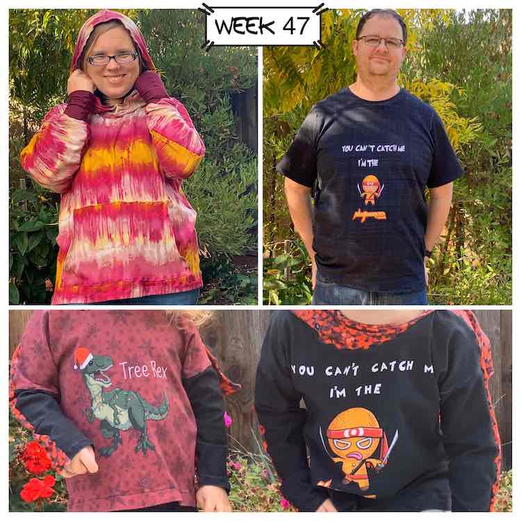 Three images. The top two are myself (wearing a hoodie made of striped (looked like dripping paint edges) pink, gold, and white sweater knit and my husband wearing "you can't catch me I'm the Ninjabread man". The bottom image is a closeup of my daughters' hoodie. The one on the left shows a "tree rex" while the one on the right matches my husbands.