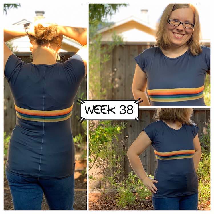 Three views of the fitted Dynamite top. Left side is the back view with the vertical seam going up the back. Top right is a closeup of the top and bottom right is further away view of the whole front of the shirt.