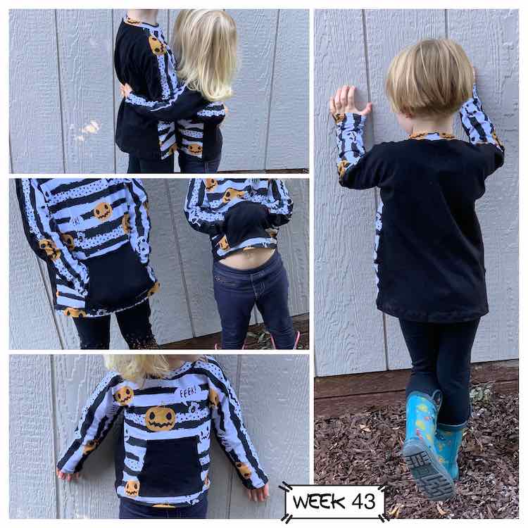 Collage of four images. The right image shows the back of Ada's top. On the left side there's a stack of three. Top is a side view of the girls hugging, middle is a front view of the shirts, and the bottom image is a closeup on Zoey's shirt. All images show a long sleeve slightly batwing crew neck top. The back and kangaroo pocket are black. The front and neckband are black and white striped with pumpkins and spiders on it. 