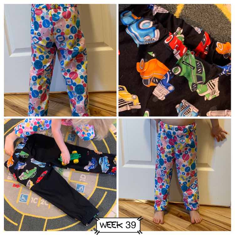 Four images of the Celine trousers. A closeup of Zoey wearing her pants is in the top left (back) and bottom right (front). Top right shows a close up of Ada's buttonholes were you can add a drawstring. Bottom left has a flatlay of Ada's pants while Zoey drives a Duplo car over them while wearing her pants. 