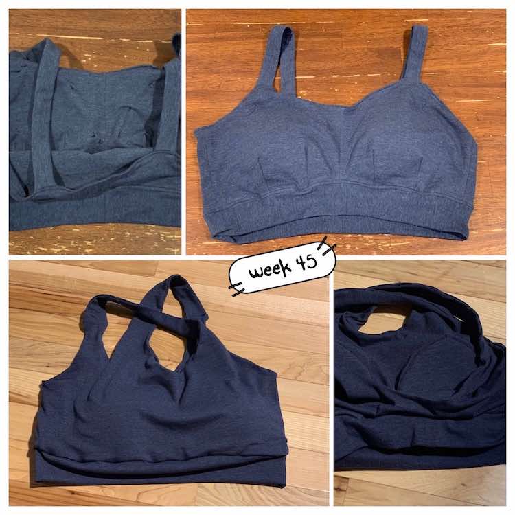 Both garments used the same fabric but the top two (Lovesick bra) appears lighter than the bottom two (Brazi). The Lovesick bra dips down in the center and has two straight straps with elastic and a band at the bottom. The Brazi also has a band at the bottom but that includes elastic and the straps criss cross. 