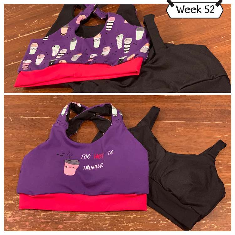 Top image shows the back of both bras while the bottom image shows the top. The Lovesick (underneath the other bra) was made with black fabric while the Brazi was lined with black and used an adult underwear rapport for the outer fabric stating "Too hot to handle" and showing an adorable travel cup. 